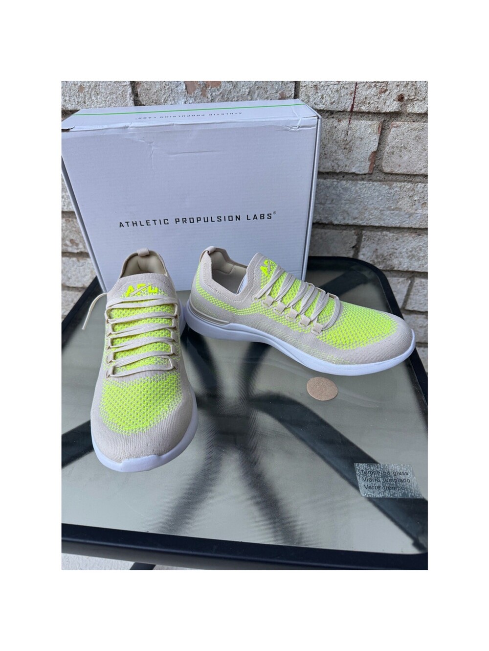 ATHLETIC PROPULSION LABS Women's Sneakers Size 8.5 Neon Yellow Beige - Picture 3 of 7